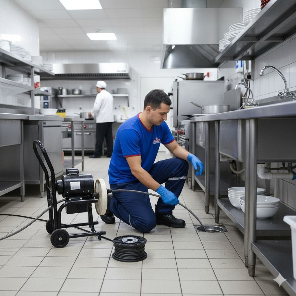Localização e desobstrução de caixa de gordura em cozinha industrial — Supermercado