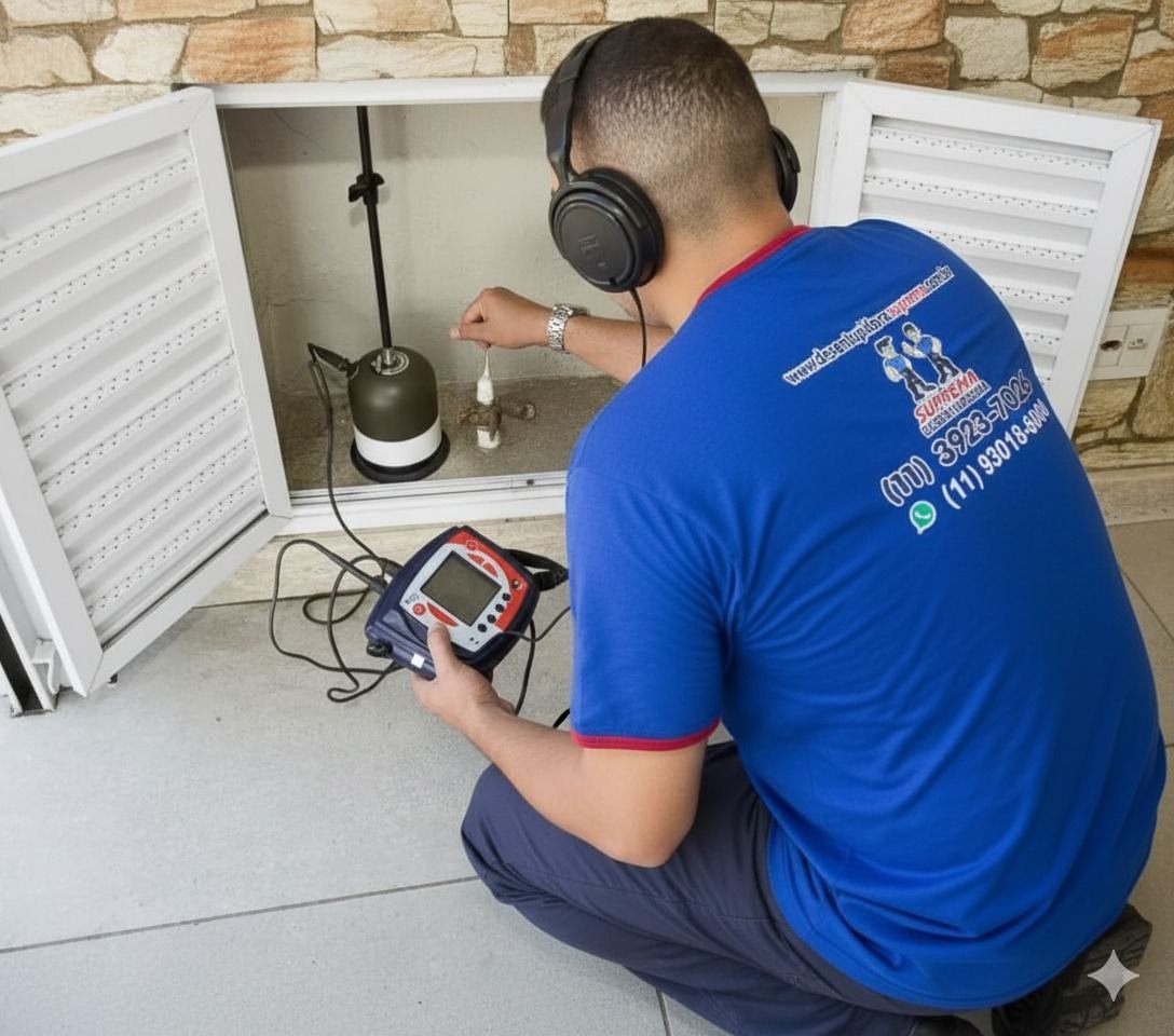 Técnico da Suprema Desentupidora usando geofone eletrônico para localizar caixa de esgoto — bairro Campo Limpo, São Paulo